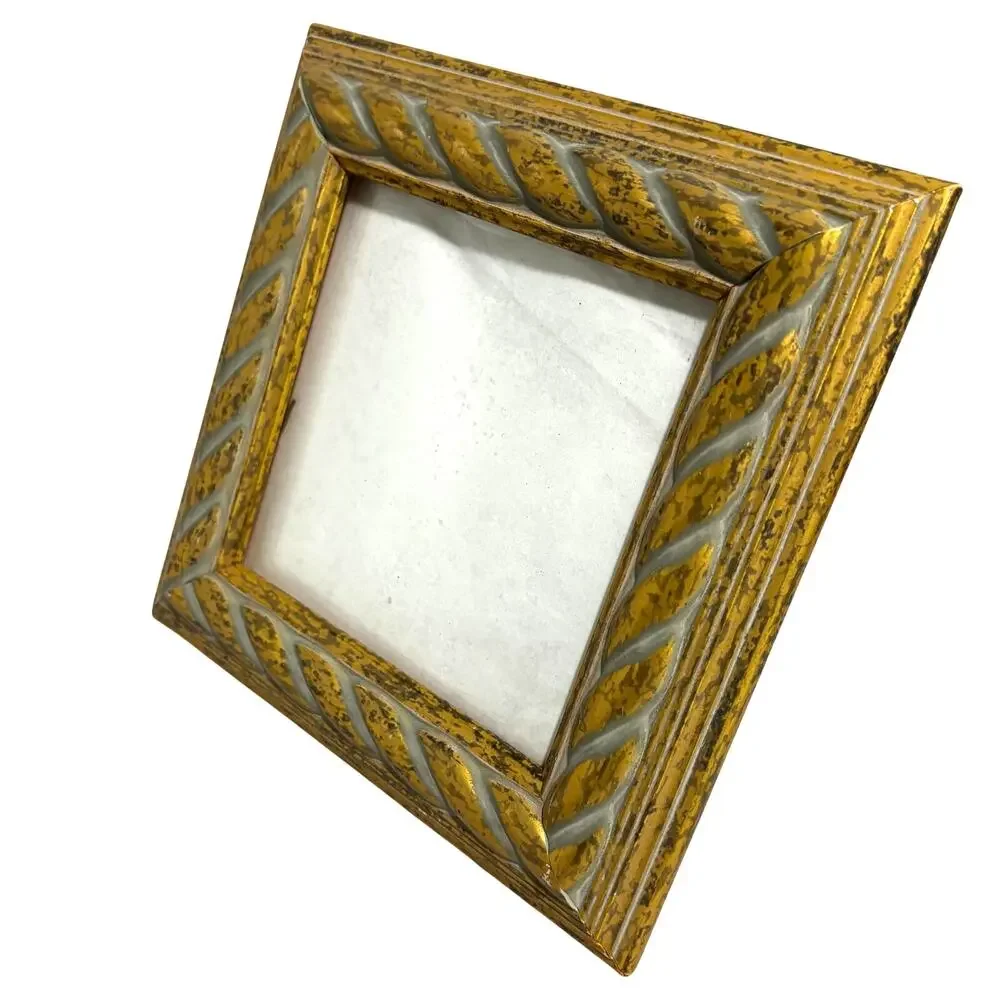 Vintage style free standing photo frame rear loading gold painted wood 5” square